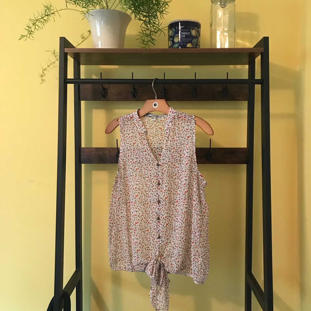 Forever 21 Sheer Cream/Floral Tie-Waist Tank - L